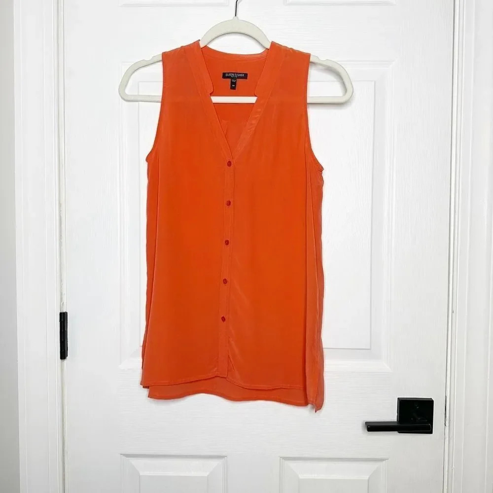 EILEEN FISHER 100%‎ Silk Womens Size PP Orange Sleeveless Button Front Blouse